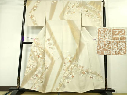 平和屋本店■極上　創業460年・千總　訪問着　駒刺繍　折り鶴　宝尽くし　暈し染め　灰白色地　金彩　三越扱い　逸品　未使用　DZAA4056kh5