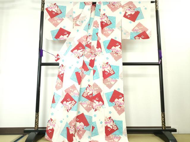 平和屋本店∴極上 夏物 撫松庵 セオアルファ 小紋・浴衣兼用 長羽織セット 兎 色紙重ね桃桜文 洗える着物 逸品 DZAA4061kh5