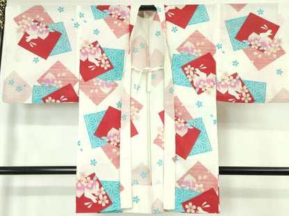平和屋本店∴極上 夏物 撫松庵 セオアルファ 小紋・浴衣兼用 長羽織セット 兎 色紙重ね桃桜文 洗える着物 逸品 DZAA4061kh5