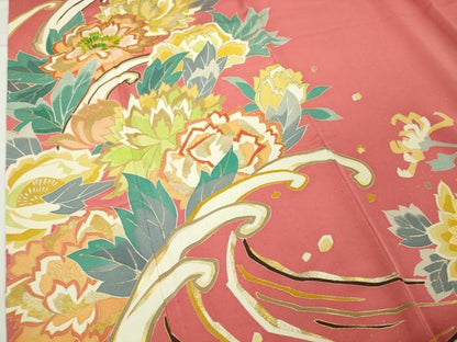 平和屋本店●極上　創業460年・千總　振袖　刺繍　立波花文　韓紅色地　金糸　松坂屋染織名作展　逸品　DZAA4062kh6