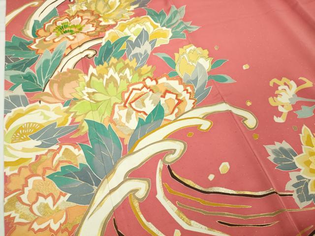 平和屋本店●極上　創業460年・千總　振袖　刺繍　立波花文　韓紅色地　金糸　松坂屋染織名作展　逸品　DZAA4062kh6