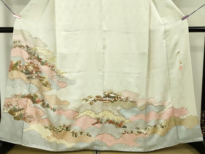 平和屋本店■極上　皇室献上作家　藤井寛　訪問着　駒刺繍　雲取り御所解花文　生成色地　金糸　逸品　DZAA4081kh5