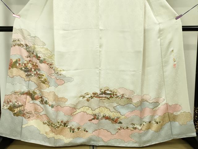 平和屋本店■極上　皇室献上作家　藤井寛　訪問着　駒刺繍　雲取り御所解花文　生成色地　金糸　逸品　DZAA4081kh5