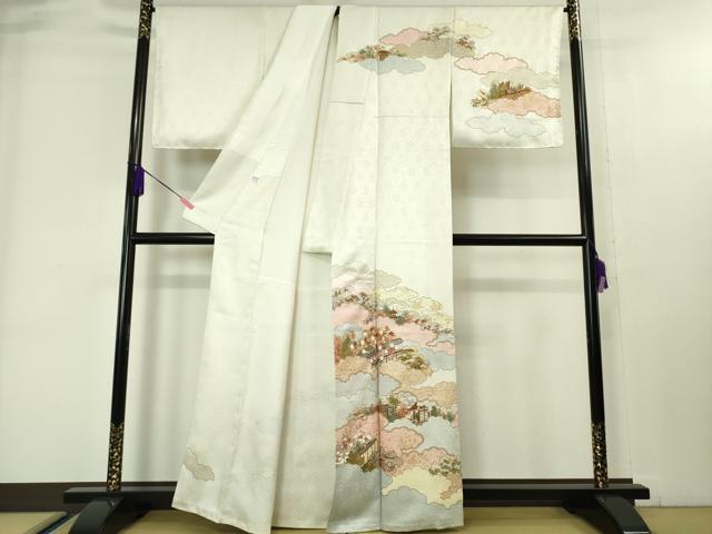 平和屋本店■極上　皇室献上作家　藤井寛　訪問着　駒刺繍　雲取り御所解花文　生成色地　金糸　逸品　DZAA4081kh5