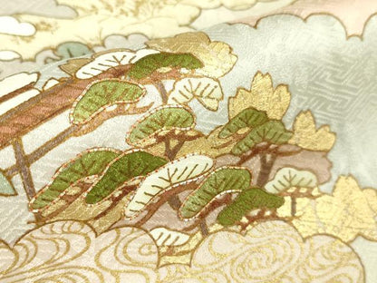 平和屋本店■極上　皇室献上作家　藤井寛　訪問着　駒刺繍　雲取り御所解花文　生成色地　金糸　逸品　DZAA4081kh5