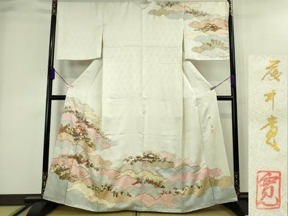 平和屋本店■極上　皇室献上作家　藤井寛　訪問着　駒刺繍　雲取り御所解花文　生成色地　金糸　逸品　DZAA4081kh5