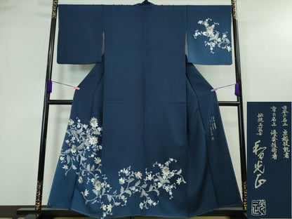 平和屋本店■極上　金彩友禅　卓越技能者・名工・和田光正　訪問着　花唐草文　暈し染め　紺色地　金銀彩　逸品　未使用　DZAA4100kh5