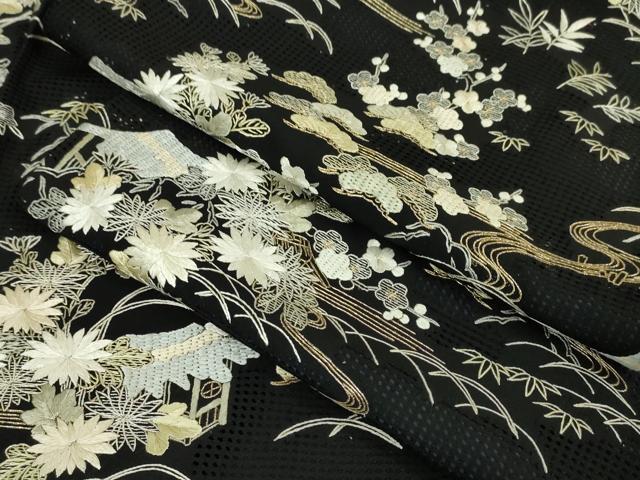 平和屋本店■極上　中国三大刺繍　スワトウ刺繍　汕頭刺繍　総刺繍　手刺繍　訪問着　吉祥花文　黒地　金糸　逸品　DZAA4112kh5