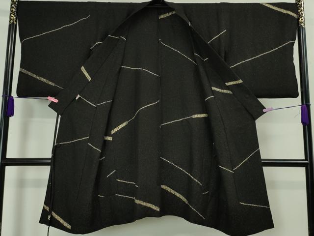 平和屋本店■極上　樋熊哲也　道中着　単衣　ロング丈　絞り　斜線　黒地　銀通し地　反端付き　逸品　DZAA4154kh5