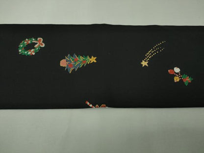 平和屋本店■極上　九寸名古屋帯　クリスマス　X&#039;mas　サンタクロース　トナカイ　リース　黒地　金糸　逸品　DZAA4183kh5
