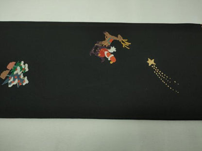 平和屋本店■極上　九寸名古屋帯　クリスマス　X&#039;mas　サンタクロース　トナカイ　リース　黒地　金糸　逸品　DZAA4183kh5