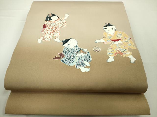 平和屋本店■極上　塩瀬　九寸開き名古屋帯　友禅　童子遊び　金彩　逸品　未使用　DZAA4203kh5