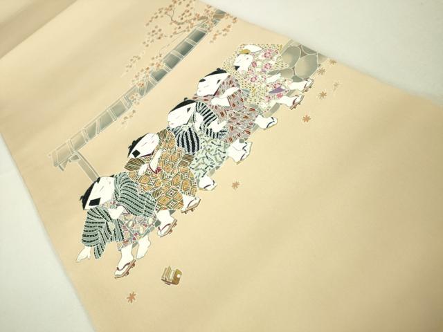 平和屋本店■極上　塩瀬　九寸開き名古屋帯　友禅　童子　薄香色地　金彩　逸品　未使用　DZAA4204kh5