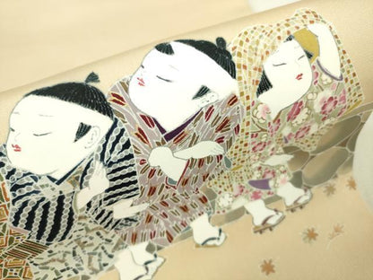 平和屋本店■極上　塩瀬　九寸開き名古屋帯　友禅　童子　薄香色地　金彩　逸品　未使用　DZAA4204kh5
