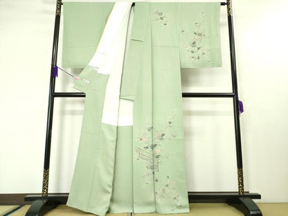 平和屋本店■極上　本加賀友禅作家　木村雨山　染色工芸作家　吉田芳彩　訪問着　菊　桔梗　柳鼠色地　逸品　未使用　DZAA4219kh5