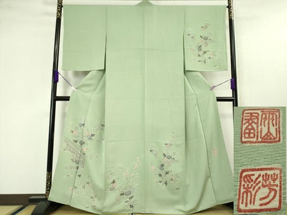 平和屋本店■極上　本加賀友禅作家　木村雨山　染色工芸作家　吉田芳彩　訪問着　菊　桔梗　柳鼠色地　逸品　未使用　DZAA4219kh5