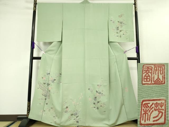 平和屋本店■極上　本加賀友禅作家　木村雨山　染色工芸作家　吉田芳彩　訪問着　菊　桔梗　柳鼠色地　逸品　未使用　DZAA4219kh5