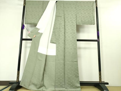 平和屋本店■極上　龍村晋謹製　お召　花唐草地紋　青白橡色地　金通し地　反端付き　逸品　未使用　DZAA4222kh5