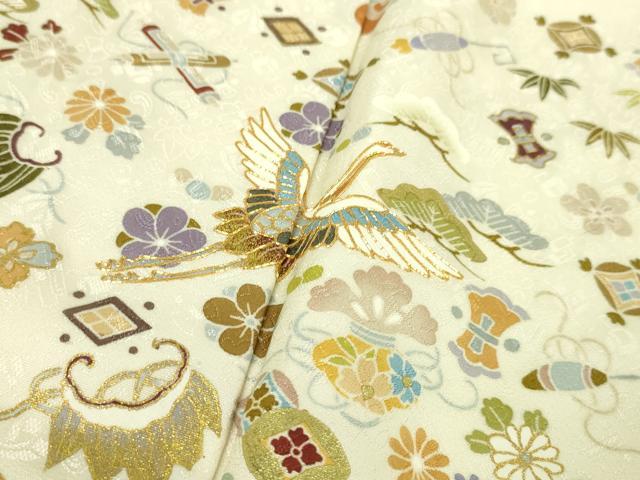 平和屋本店■極上　訪問着　駒刺繍　宝尽くし飛鶴文　象牙色地　金彩　逸品　未使用　DZAA4226kh5