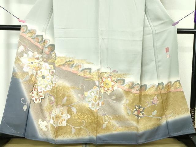 平和屋本店■希少　皇室献上作家　野村静枝　佐賀錦　色留袖　駒刺繍　花唐草文　暈し染め　秘色色地　金銀彩　逸品　DZAA4229kh5