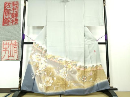 平和屋本店■希少　皇室献上作家　野村静枝　佐賀錦　色留袖　駒刺繍　花唐草文　暈し染め　秘色色地　金銀彩　逸品　DZAA4229kh5