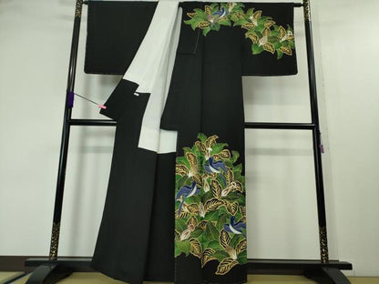 平和屋本店■超希少　東京友禅　久呂田明功　訪問着　青い鳥　松ぼっくり　鬼しぼ縮緬　黒地　金彩　逸品　未使用　DZAA4279kh5
