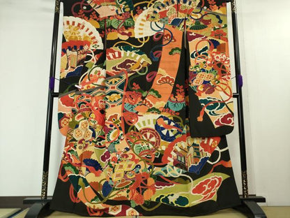 平和屋本店■極上　アンティーク　大正ロマン　振袖・長襦袢(袷)セット　駒刺繍　几帳花鳥文　黒地　金彩　逸品　DZAA4285kh5