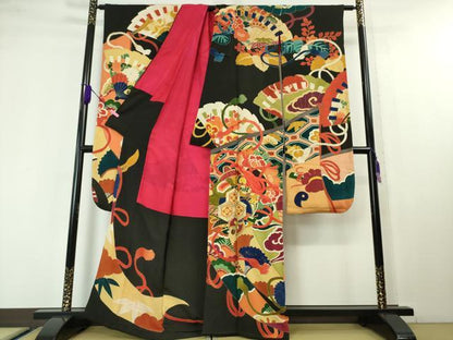 平和屋本店■極上　アンティーク　大正ロマン　振袖・長襦袢(袷)セット　駒刺繍　几帳花鳥文　黒地　金彩　逸品　DZAA4285kh5