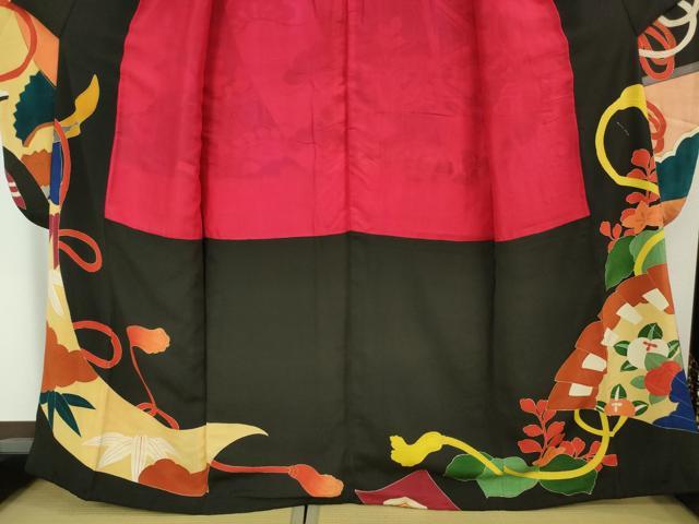 平和屋本店■極上　アンティーク　大正ロマン　振袖・長襦袢(袷)セット　駒刺繍　几帳花鳥文　黒地　金彩　逸品　DZAA4285kh5