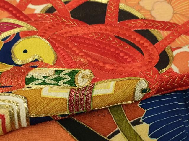 平和屋本店■極上　アンティーク　大正ロマン　振袖・長襦袢(袷)セット　駒刺繍　几帳花鳥文　黒地　金彩　逸品　DZAA4285kh5