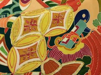 平和屋本店■極上　アンティーク　大正ロマン　振袖・長襦袢(袷)セット　駒刺繍　几帳花鳥文　黒地　金彩　逸品　DZAA4285kh5