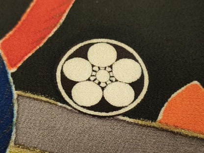 平和屋本店■極上　アンティーク　大正ロマン　振袖・長襦袢(袷)セット　駒刺繍　几帳花鳥文　黒地　金彩　逸品　DZAA4285kh5