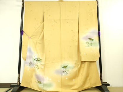 平和屋本店■極上　振袖　手描き　兎　うさぎ　草舟　綿毛　暈し染め　支子色地　逸品　DZAA4304kh5