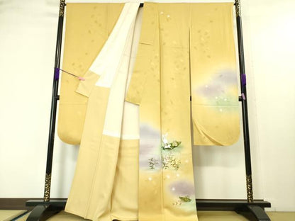 平和屋本店■極上　振袖　手描き　兎　うさぎ　草舟　綿毛　暈し染め　支子色地　逸品　DZAA4304kh5
