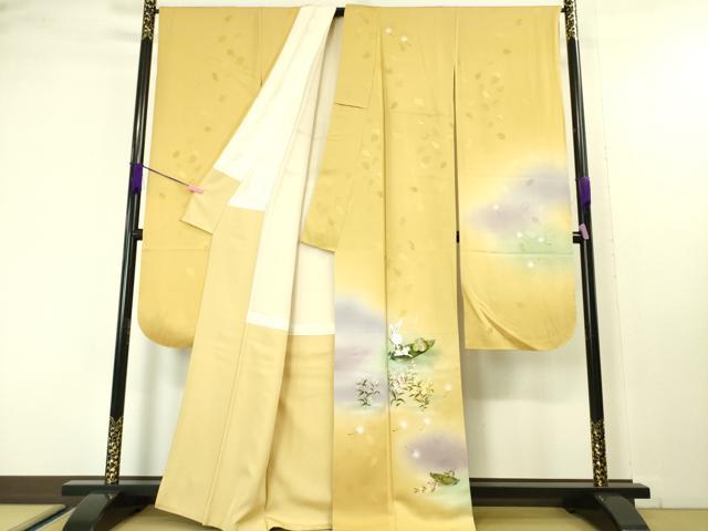 平和屋本店■極上　振袖　手描き　兎　うさぎ　草舟　綿毛　暈し染め　支子色地　逸品　DZAA4304kh5