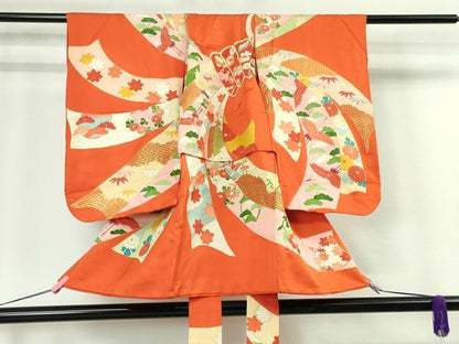 平和屋本店■極上　女の子　祝着　産着　初着　のしめ　お宮詣り　駒刺繍　束ね熨斗吉祥飛鶴文　丹色地　金彩　逸品　DZAA4334kh5