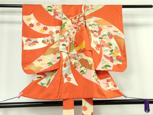 平和屋本店■極上　女の子　祝着　産着　初着　のしめ　お宮詣り　駒刺繍　束ね熨斗吉祥飛鶴文　丹色地　金彩　逸品　DZAA4334kh5