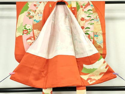 平和屋本店■極上　女の子　祝着　産着　初着　のしめ　お宮詣り　駒刺繍　束ね熨斗吉祥飛鶴文　丹色地　金彩　逸品　DZAA4334kh5