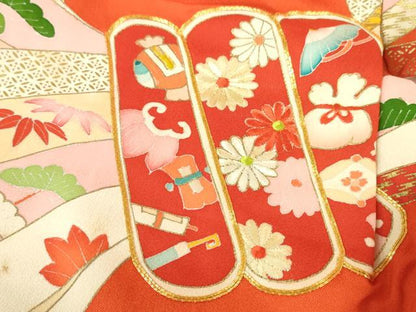 平和屋本店■極上　女の子　祝着　産着　初着　のしめ　お宮詣り　駒刺繍　束ね熨斗吉祥飛鶴文　丹色地　金彩　逸品　DZAA4334kh5