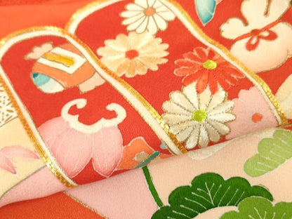 平和屋本店■極上　女の子　祝着　産着　初着　のしめ　お宮詣り　駒刺繍　束ね熨斗吉祥飛鶴文　丹色地　金彩　逸品　DZAA4334kh5