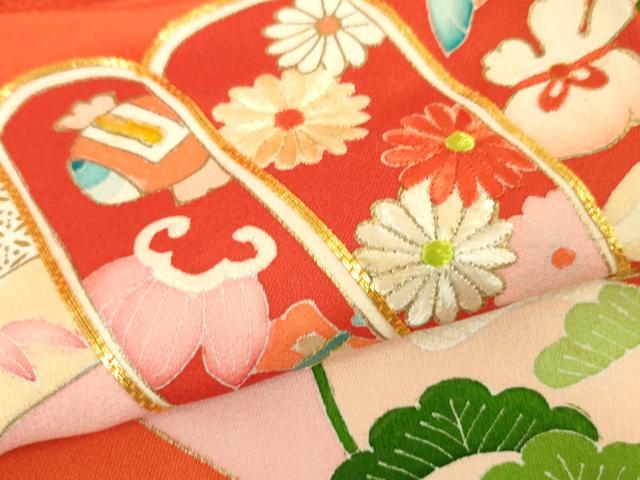 平和屋本店■極上　女の子　祝着　産着　初着　のしめ　お宮詣り　駒刺繍　束ね熨斗吉祥飛鶴文　丹色地　金彩　逸品　DZAA4334kh5
