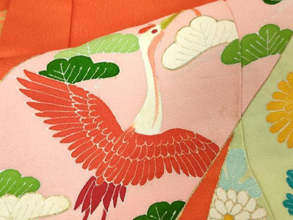 平和屋本店■極上　女の子　祝着　産着　初着　のしめ　お宮詣り　駒刺繍　束ね熨斗吉祥飛鶴文　丹色地　金彩　逸品　DZAA4334kh5