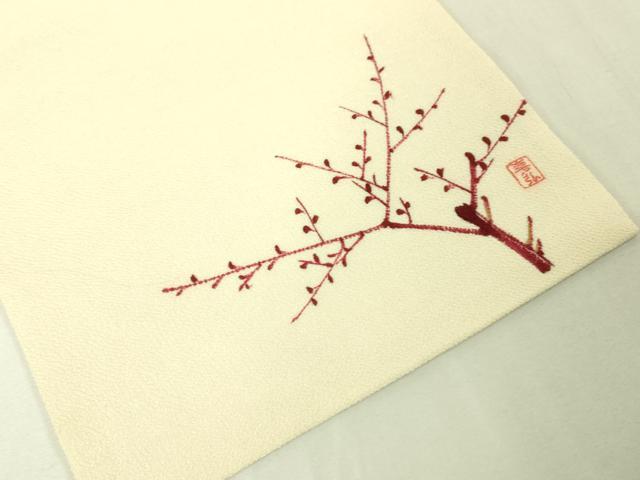 平和屋本店■極上　人間国宝 森口華弘 蒔糊友禅 蒔糊散らし　九寸名古屋帯　枝梅　象牙色地　鬼しぼ縮緬　金彩　逸品　未使用　DZAA4363kh5