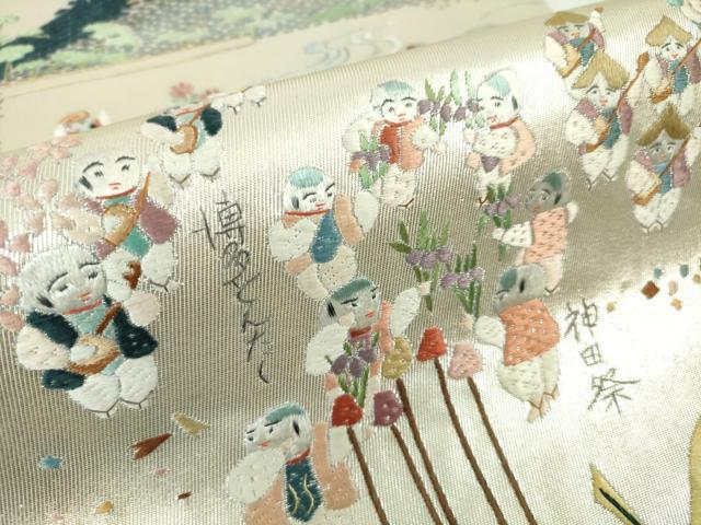 平和屋本店●極上　中国人間国宝 将雪英 両方向 全通柄袋帯 千色総通し 総刺繍　日本のまつり　金糸　色紙付き　逸品　未使用　DZAA4370kh5