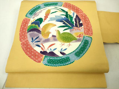 平和屋本店■極上　本加賀友禅作家　木村雨山　塩瀬　九寸名古屋帯　花鳥文　卵色地　逸品　DZAA4396kh5