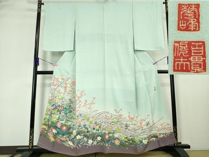 平和屋本店■極上　本加賀友禅作家　百貫華峰　色留袖　吉祥花鳥文　白藍色地　暈し染め　逸品　未使用　DZAA4410kh5