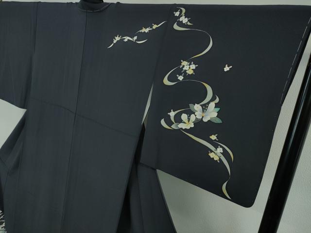 平和屋本店■極上　本加賀友禅作家　松島由美　訪問着　草花文　藍鉄色地　逸品　未使用　DZAA4415kh5
