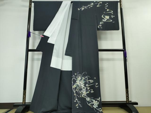 平和屋本店■極上　本加賀友禅作家　松島由美　訪問着　草花文　藍鉄色地　逸品　未使用　DZAA4415kh5