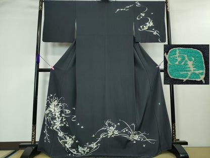 平和屋本店■極上　本加賀友禅作家　松島由美　訪問着　草花文　藍鉄色地　逸品　未使用　DZAA4415kh5