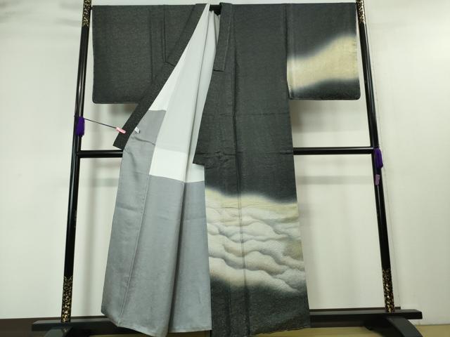 平和屋本店■希少　男性　二代目 久保田一竹 幻の辻が花　 訪問着　霞文　暈し染め　黒地　金通し地　反端付き　逸品　未使用　DZAA4429kh5